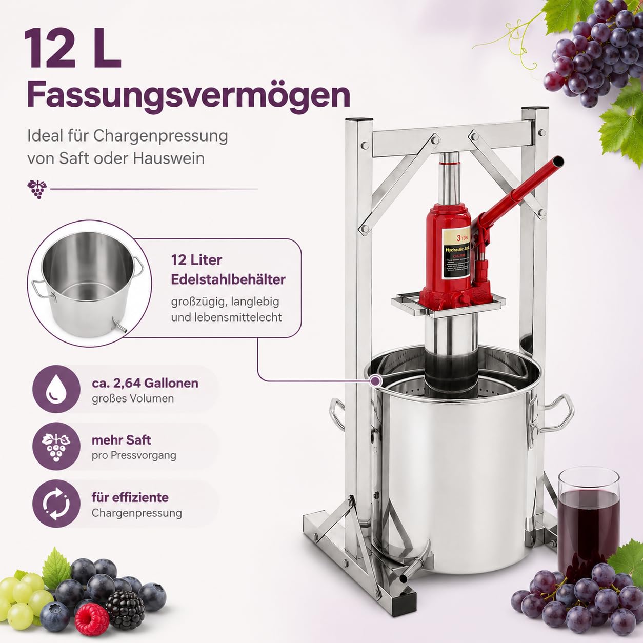 12L 3T Edelstahl Obstpresse Obstmühle Frucht Saftpresse Weinpresse Apfelpresse mit Trommel, ​Pressenrahmen und Hydraulic Jack