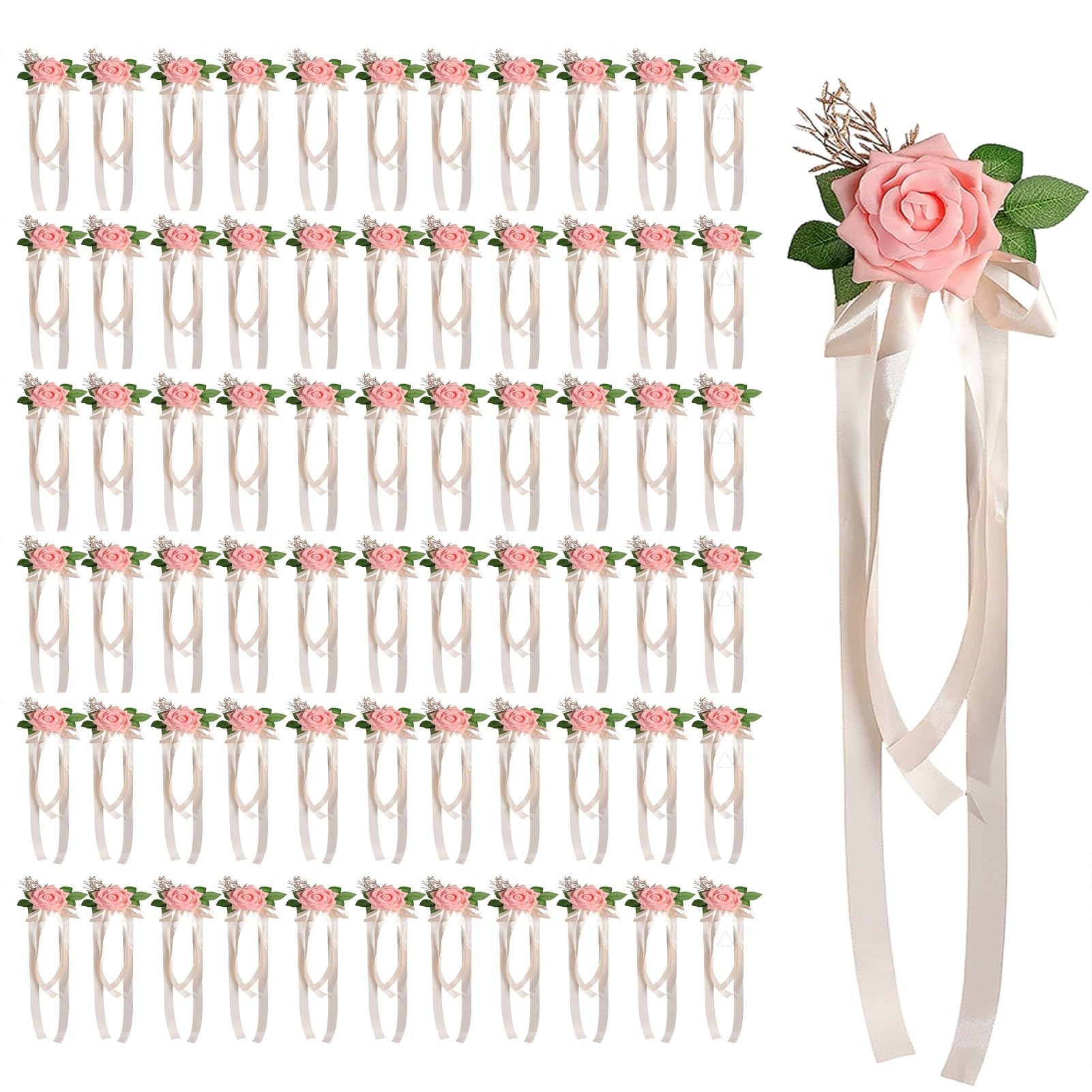 50 décorations chaises Mariage, Décorations Voiture Mariage avec Fleurs artificielles, Décoration extérieure pour réception Mariage(Pink)