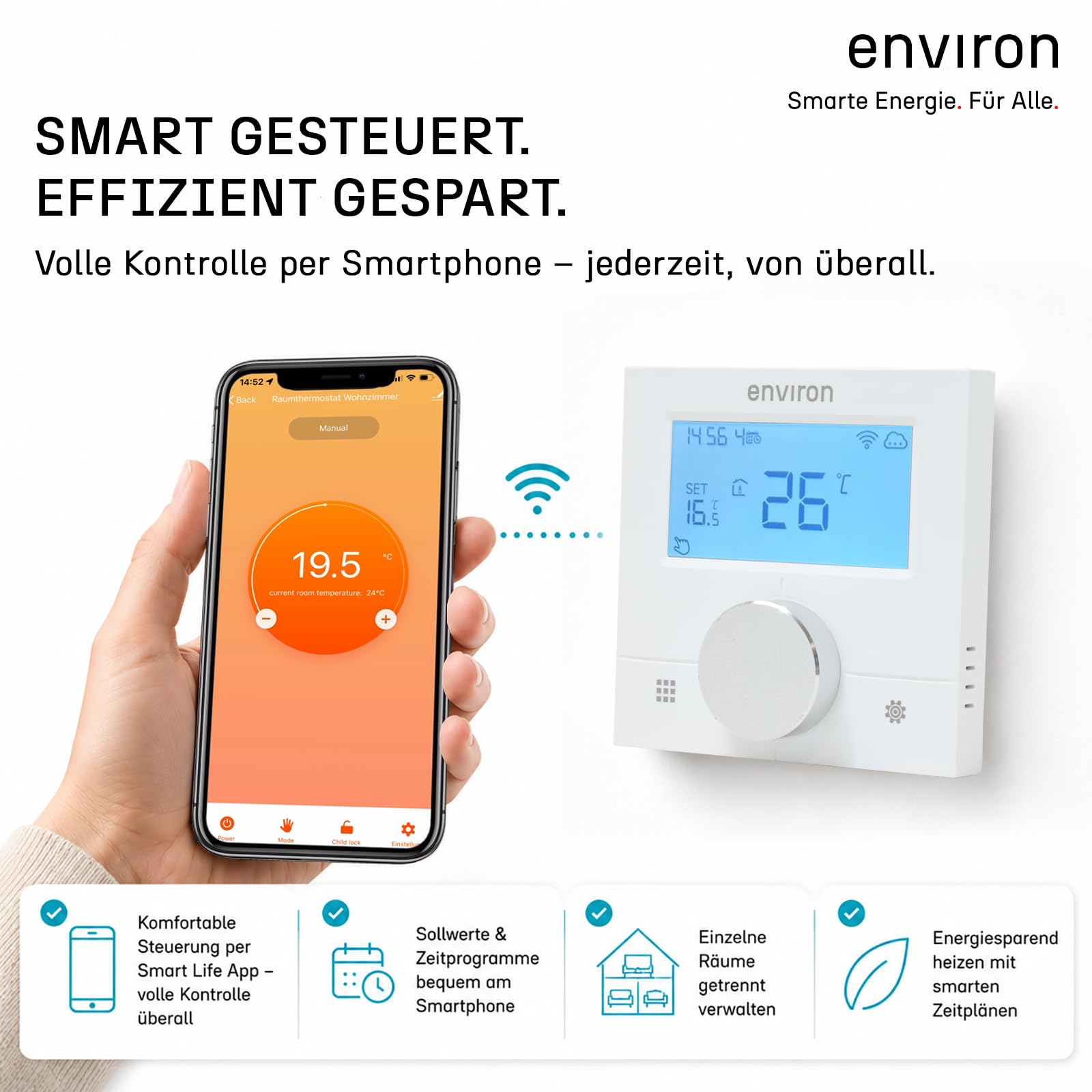 ENVIRON® Thermostat fußbodenheizung ENRTH3 - Digital mit WLAN und App-Steuerung | Kompatibel mit Alexa, Tuya, Smart Life APP | Intelligent Heizen & Kühlen | Raumthermostat