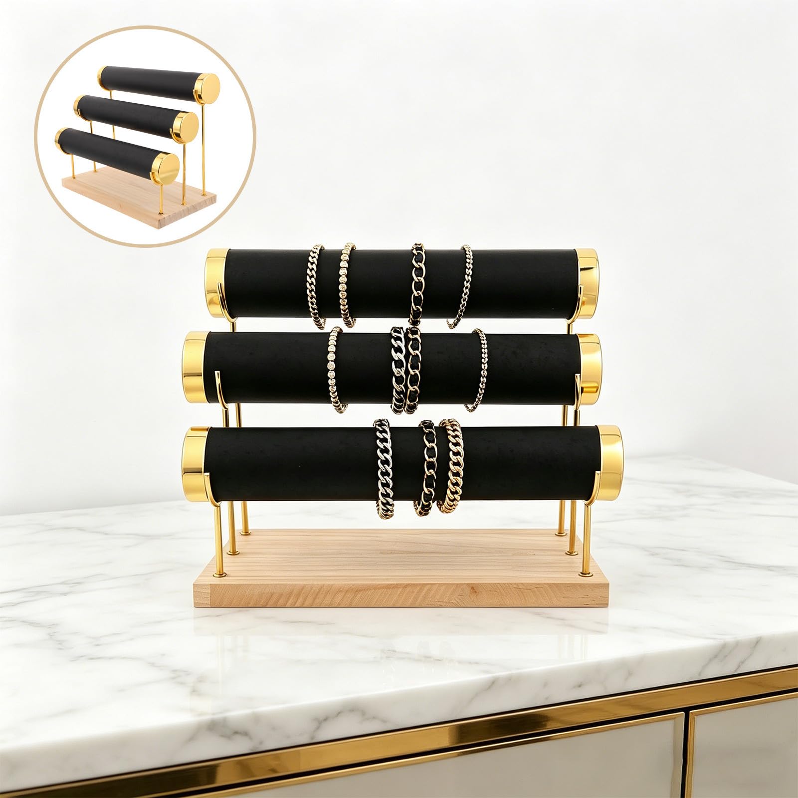FRCOLOR Eleganter Schmuckständer mit 3 Abnehmbaren Ebenen Verstellbarem Abstand und Stabiler Metallbasis für Armbänder und Halsketten Arbeitsplatten