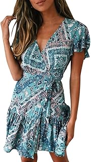 Moonuy_ Womens Boho Holiday Beach Mini Bandage Dress Ladies Floral Ruffled V-Neck Party Women's Bohemian Print Short Sleeve Fashion Temperament Elegant Skirt