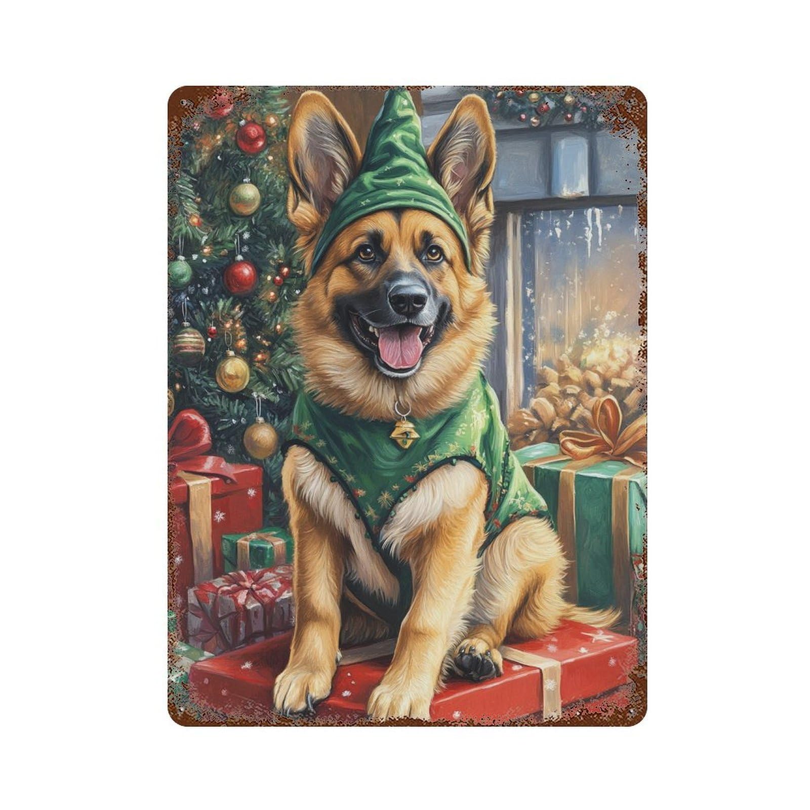 Christmas German Shepherd Decor Weathered Tin Sign 15.7"x11.8", Industrial Home Decor for Basement, Hobby Room And Garage Decor
