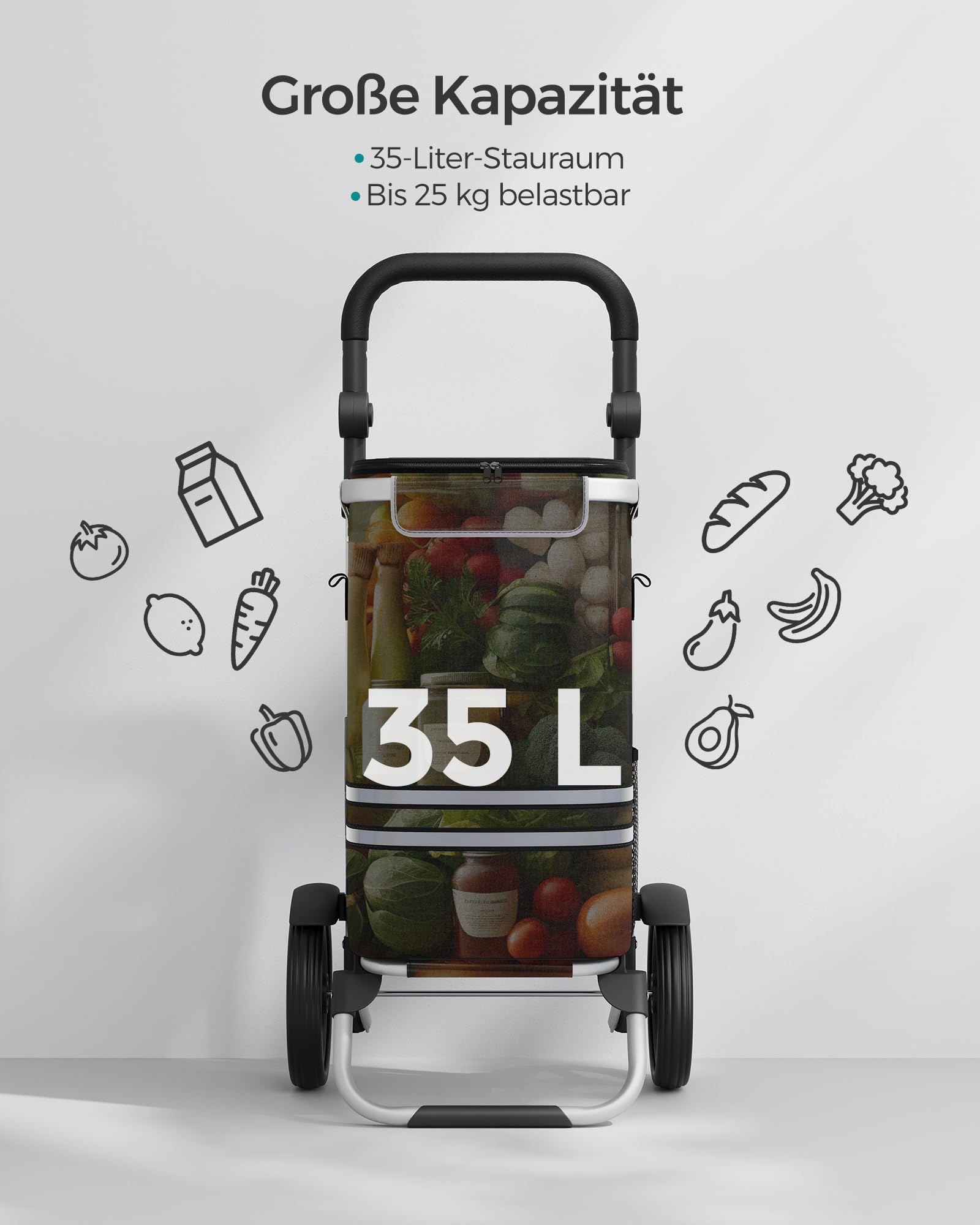 SONGMICS Einkaufstrolley, Trolley, Einkaufswagen mit Kühlfach, groß, 35 Liter, klappbar, Einkaufstasche mit Rollen, Tasche abnehmbar, schwarz KST03BK