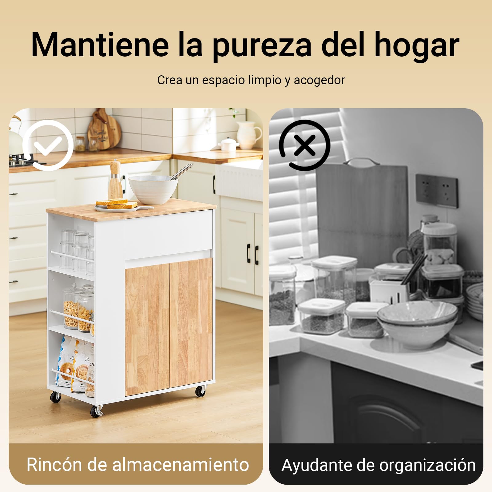 SoBuy Carrito de Cocina con Ruedas, 3 Estantes con Barras, 70×90×40cm | Isla de Cocina con Cajón, Armario & Estantes Ajustables, carga 68 kg, MDF/madera de caucho, para cocina & comedor, FKW132-WN