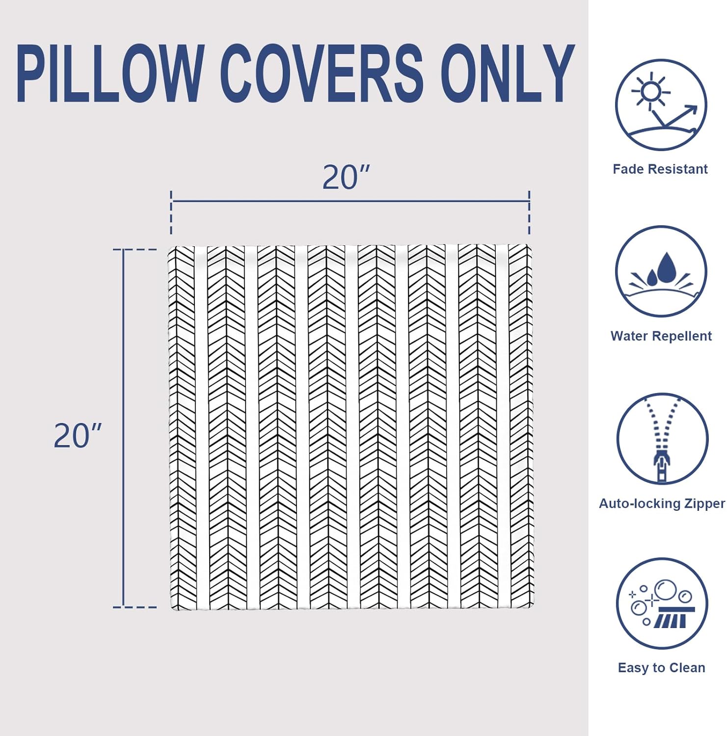 Pack of 2 Patio Throw Pillow Covers ONLY, Water Repellent Cushion Cases 20x20 Inch, Square Pillowcases for Outdoor Couch Decoration, HerringboneWhite