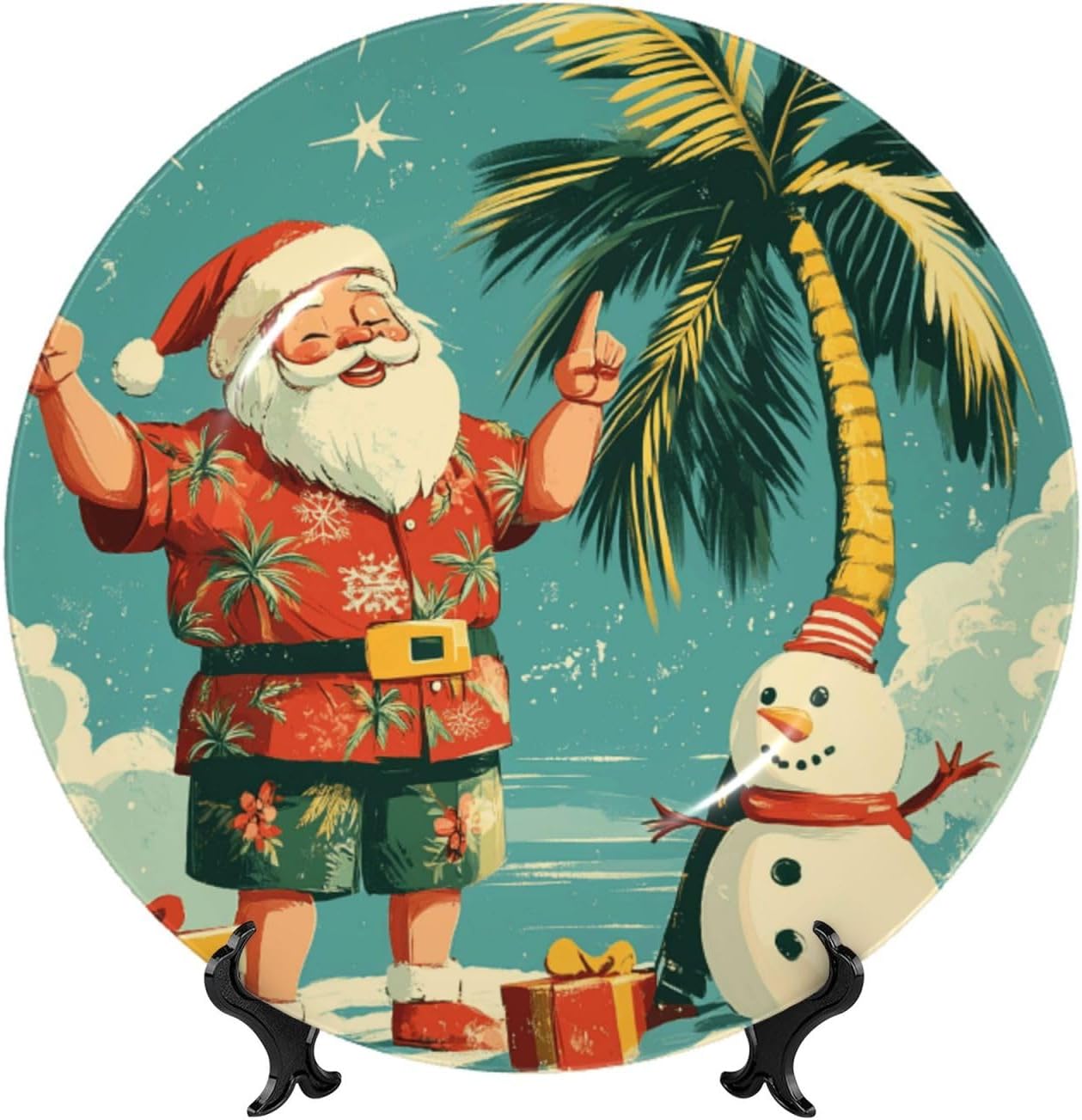 Hawaii-Santa-Snowman-Christmas 10 Inch Decorative Plate With Stand, Elegant Display Wall Plate For Home Decor