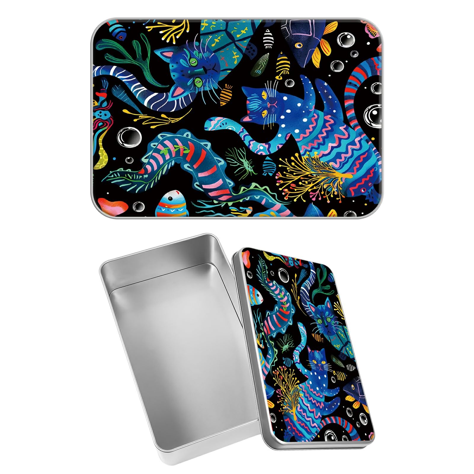 Rectangular Metal Tin Box with Removable Lid, Demonic Cat Decorative Printed Metal Storage Container for Sweets Jewelry Tea Candies Cakes 7 x 4.33 x 2.17 inch– Single Pack