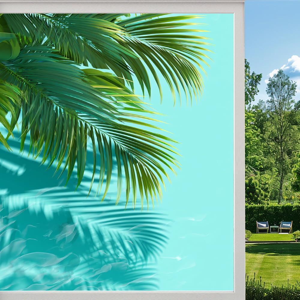 Watercolor Palm Leaf Privacy Window Film, Tropical Natural Leaves Frosted Self-Adhesive Vinyl Cling for Glass Doors Bathroom Windows Sun Blocking Heat Control, （50x80cm）