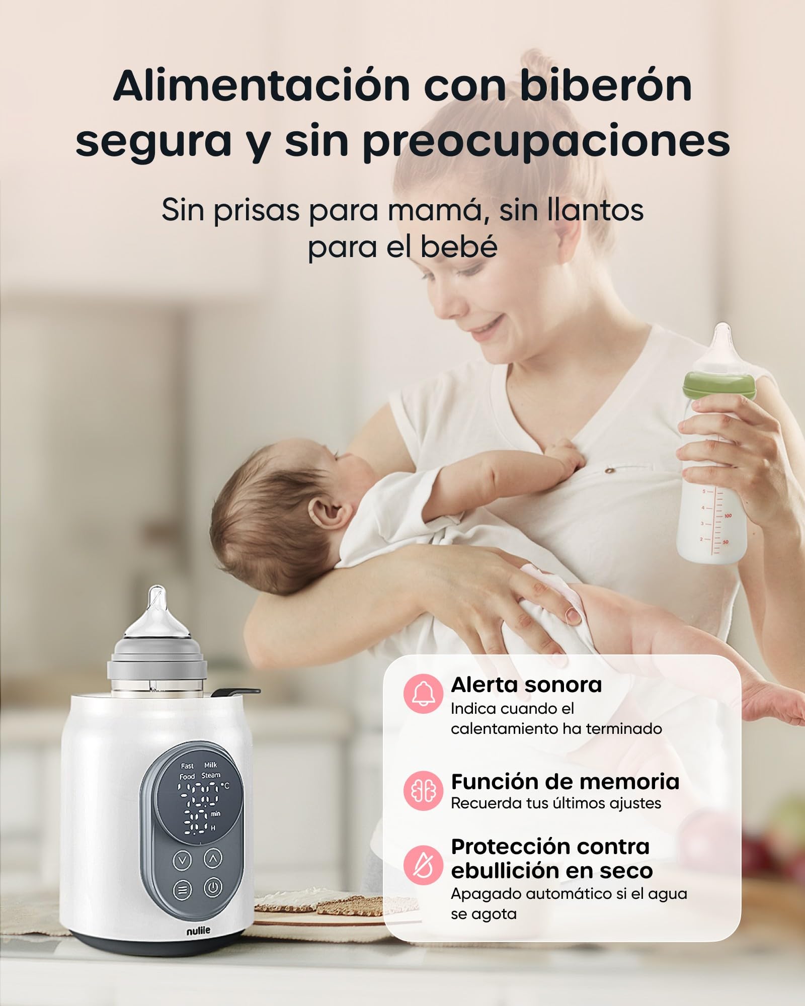 Calienta Biberones, Nuliie Calienta Biberones Eléctrico 10 en 1 para Leche Materna o Fórmula con Temporizador Digital Pantalla LCD Control de Temperatura Inteligente y Apagado Automático, 220V