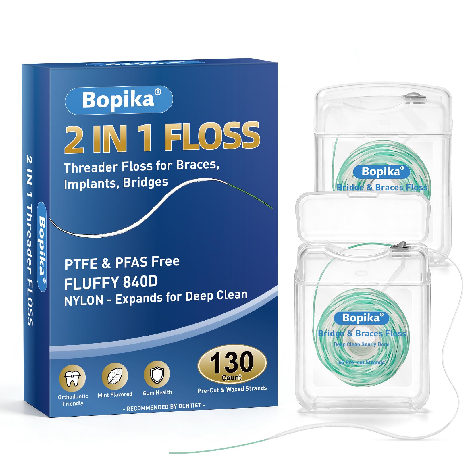Bopika 2-in-1 Threader Floss for Braces, Implants, Bridges & Wide Spaces - Fluffy 840D Nylon Pre-Cut Dental Floss Strands for Deep Cleaning, Fresh Mint Scent - 130 Count (2 Packs of 65)