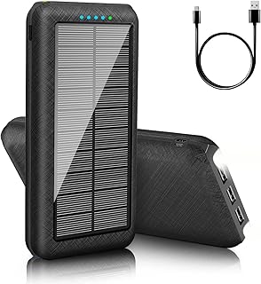 Protable USB Charger Solar Power Bank 30000mAh Battery Pack Charger Camping Waterproof External Backup Charge with 3 Outputs 2 Input LED Flashlight (Black)