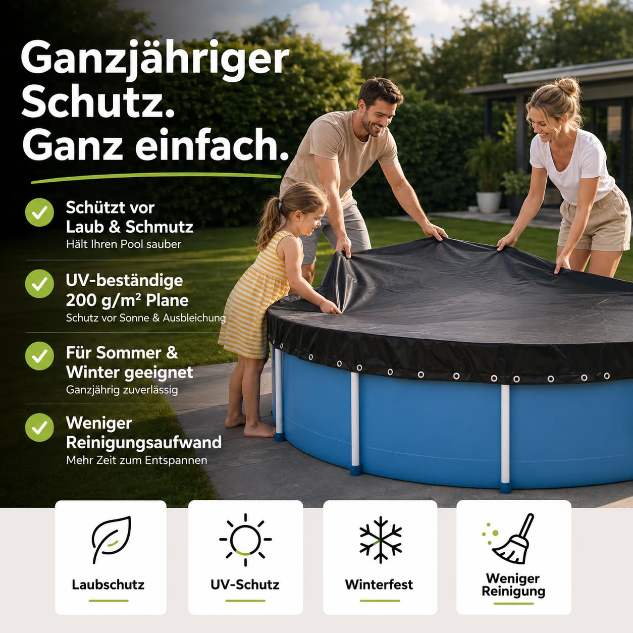 Bâche de piscine ronde - Extra forte 200 g/m² - Bâche solaire résistante aux UV pour été et hiver - Bâche de piscine robuste en noir (366-400 cm (Ø 460 cm)