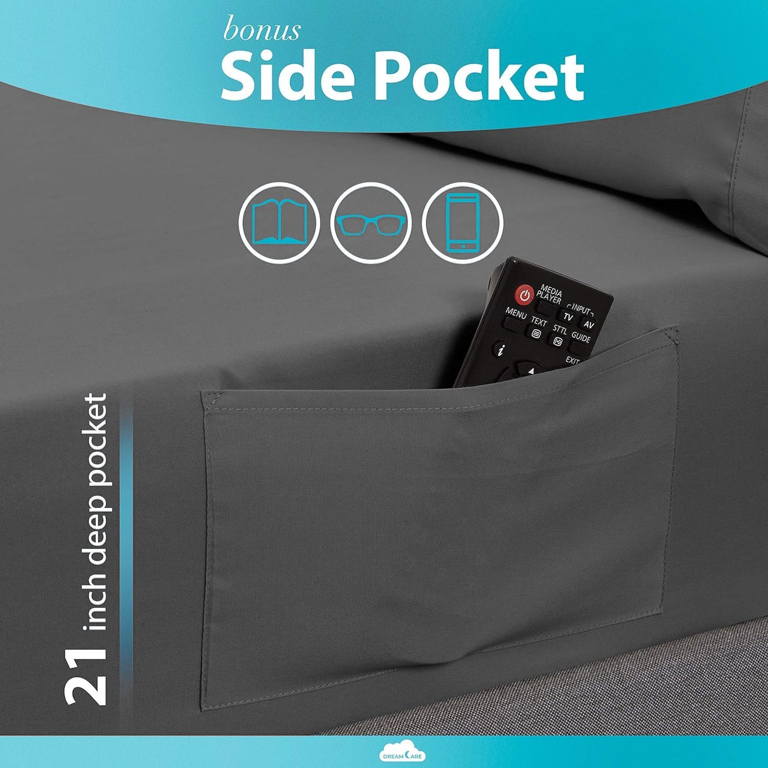 DREAMCARE King Fitted Sheet - Extra Deep Pocket Fitted Sheet - Fits up to 21 inch Mattress - Deep Pocket King Sheets - Hotel Luxury - Oeko-Tex Certified Sheets - 1 Fitted Sheet Only (Dark Grey)