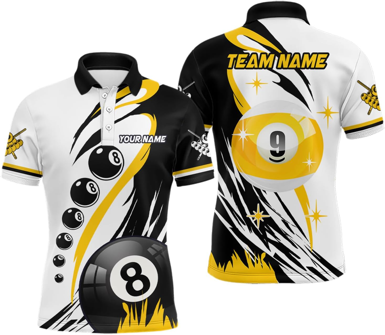Personalized Billiard 8 Ball 9 Ball Men Polo Shirts Custom Team Name Billiard Attire Jerseys T1229 Black, Purple