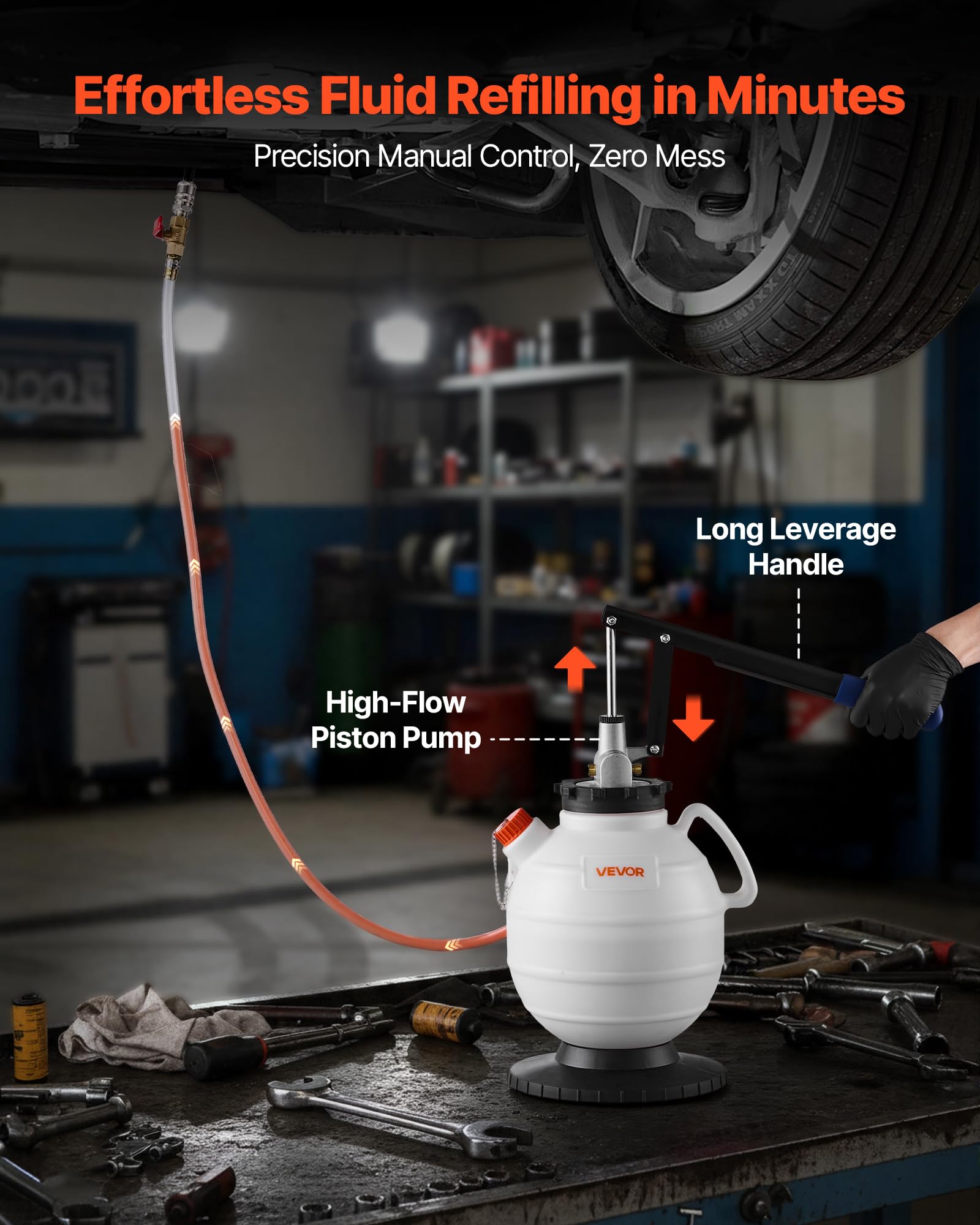 VEVOR Getriebeölpumpe, 7,5 L Fassungsvermögen, Manuelles ATF-Öleinfüllgerät mit 8 ATF-Adaptern & 120 cm Auslass, Ölabsaugpumpe mit HDPE-Tank für Autos & Rasenmäher