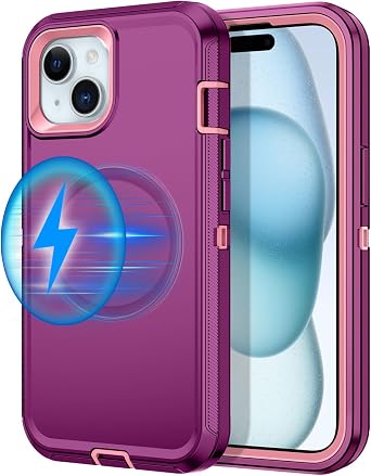 I-HONVA for iPhone 13 Case,iPhone 14 Case,iPhone 15 Case [Compatible with MagSafe] Shockproof 3-Layer Full Body Protection Rugged Heavy Duty Cover Case for Apple iPhone 13/14/15 6.1",Purple/Pink