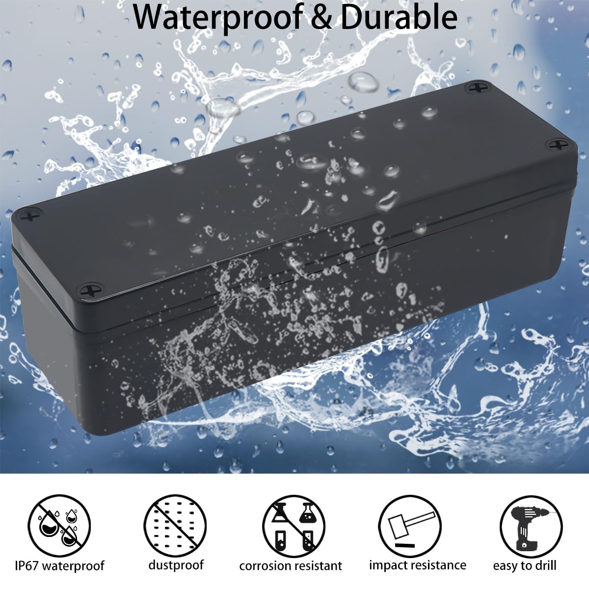 Junction Box,IP67 Waterproof ABS Black Project Box with Mounting Plate Electrical Box Enclosure for Outside Electronics 9.8 x 3.1 x 2.8inch(250x80x70mm)
