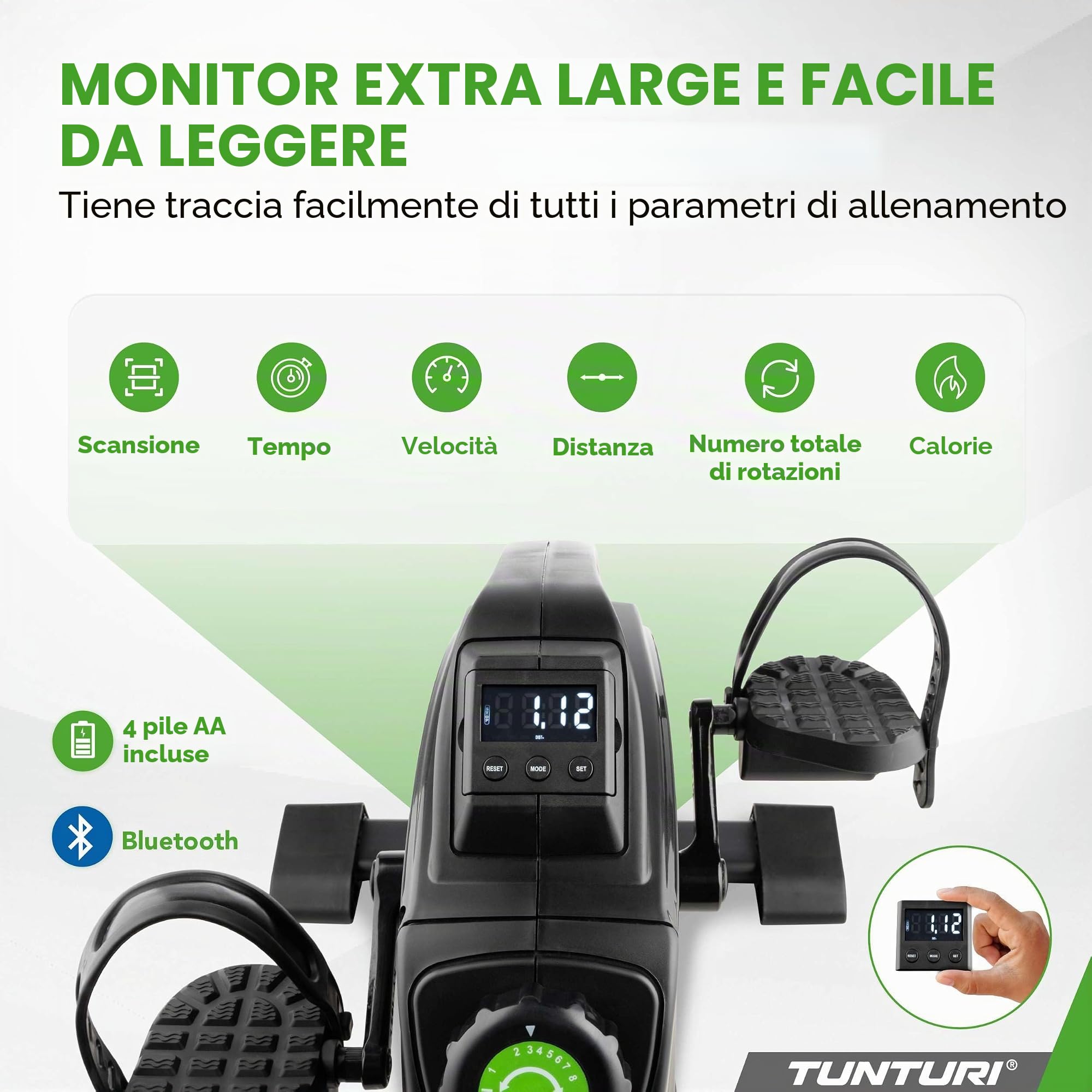 Tunturi Pedaliera Cardio Fit, vincitore del test 2024, mini cyclette per anziani, allenamento per braccia e gambe seduti, resistenza regolabile e display LCD