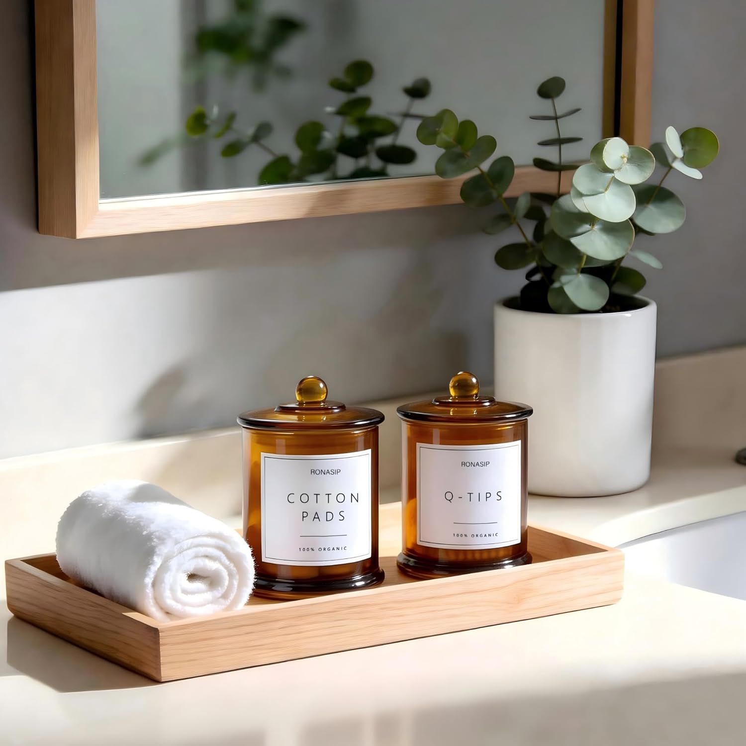 Ronasip Qtip Holder & Cotton Pad Dispenser, Bathroom Organizer and Storage Canisters, 16oz Glass Apothecary Jars for Kitchen, Restroom - Home Decor Accessories, Room Decor Aesthetic (2 Pack, Amber)