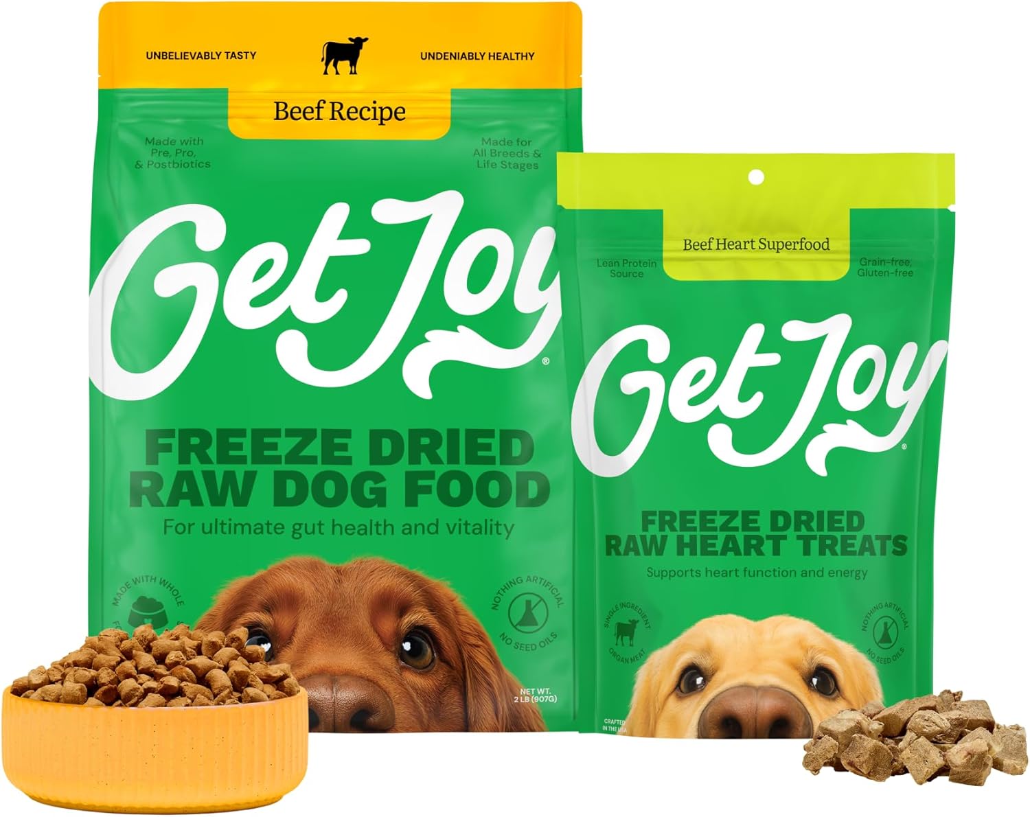 Get Joy Freeze-Dried Meal and Treats Bundle, Endurance 100% Beef Heart Dog Treats, 4 Ounce, and Gut Health Fresh Freeze Dried Raw Meal Dog Food, Beef Recipe, 32 Ounce