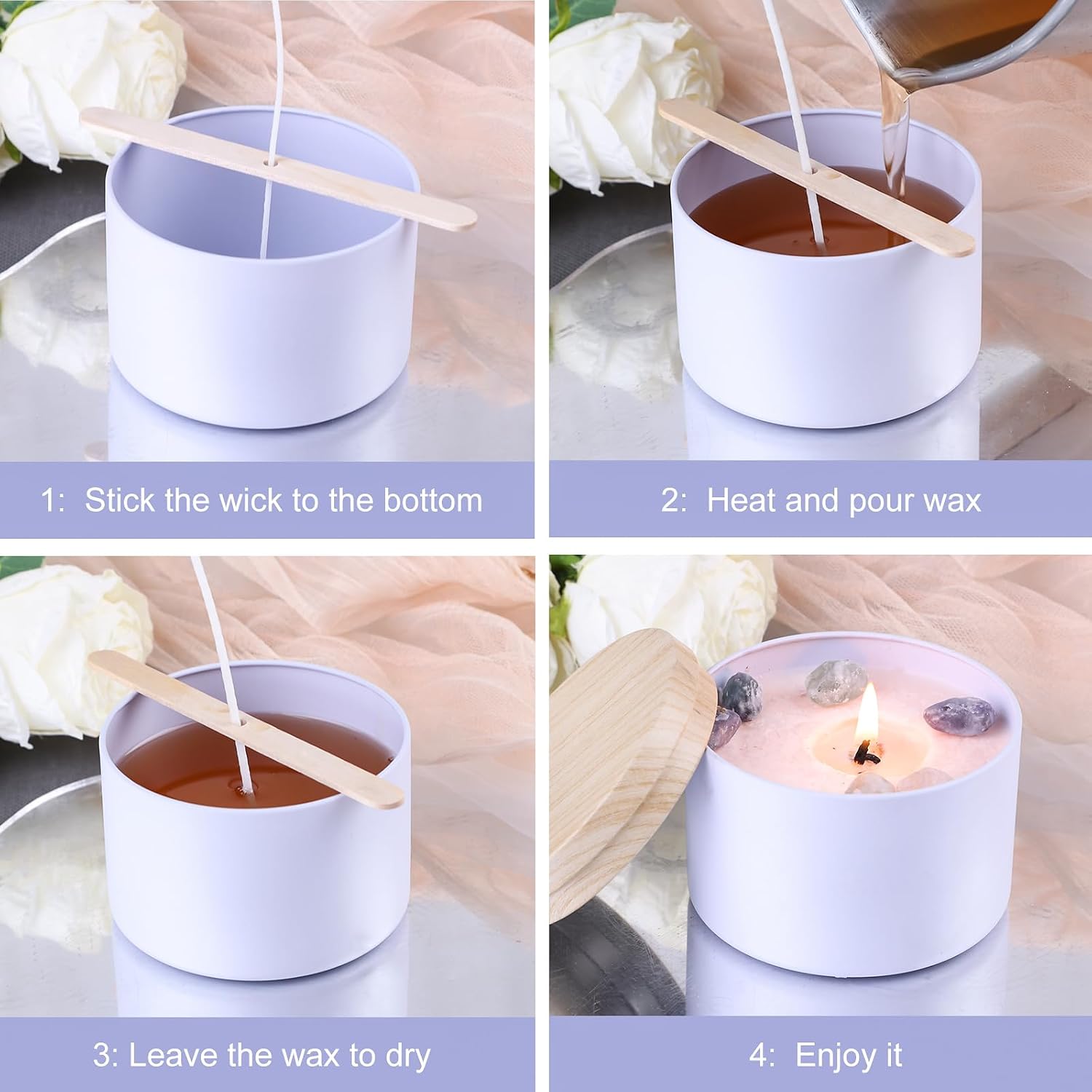 CONNOO 24 Pack Candle Tins, 12pcs 8 OZ & 12pcs 4 OZ White Jars with Metal Wood-Grain Lids Bulk Empty Candle Containers for Making Candles, Wick Kit Included