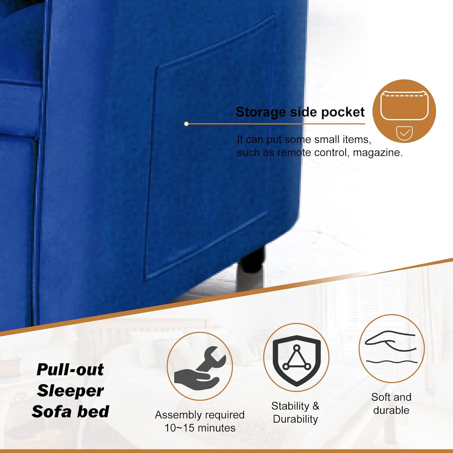 3 in 1 Convertible Sleeper Sofa Bed, Pull Out Couch Loveseat Futon, Adjustable Backrest Velvet Sofa with Pillows and Side Pockets for Living Room Apartment, Blue
