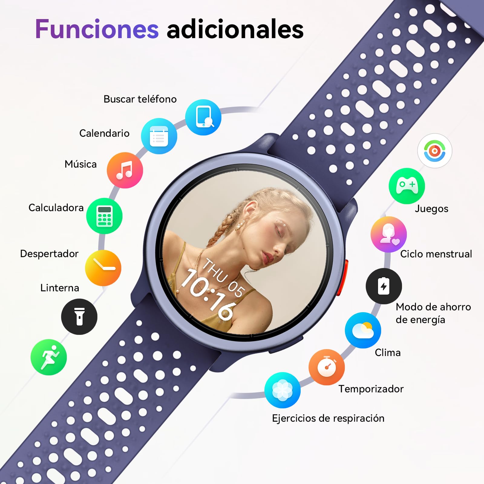 Reloj Inteligente Mujer 1.27" Smartwatch Redondo 2 Correas, Monitor de Sueño Funciones de Salud y Fitness 120+ Modos Deportivos 3ATM Impermeable para iPhone/Samsung/Android Púrpura