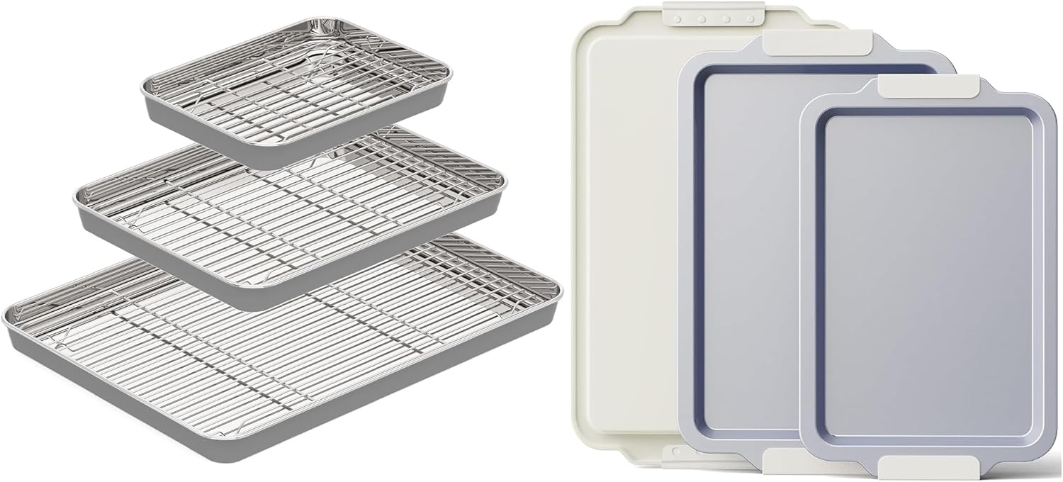 BRONYPRO 3 Ceramic Baking Sheets (Cream) & 3 Stainless Steel (Gray) with 3 Racks