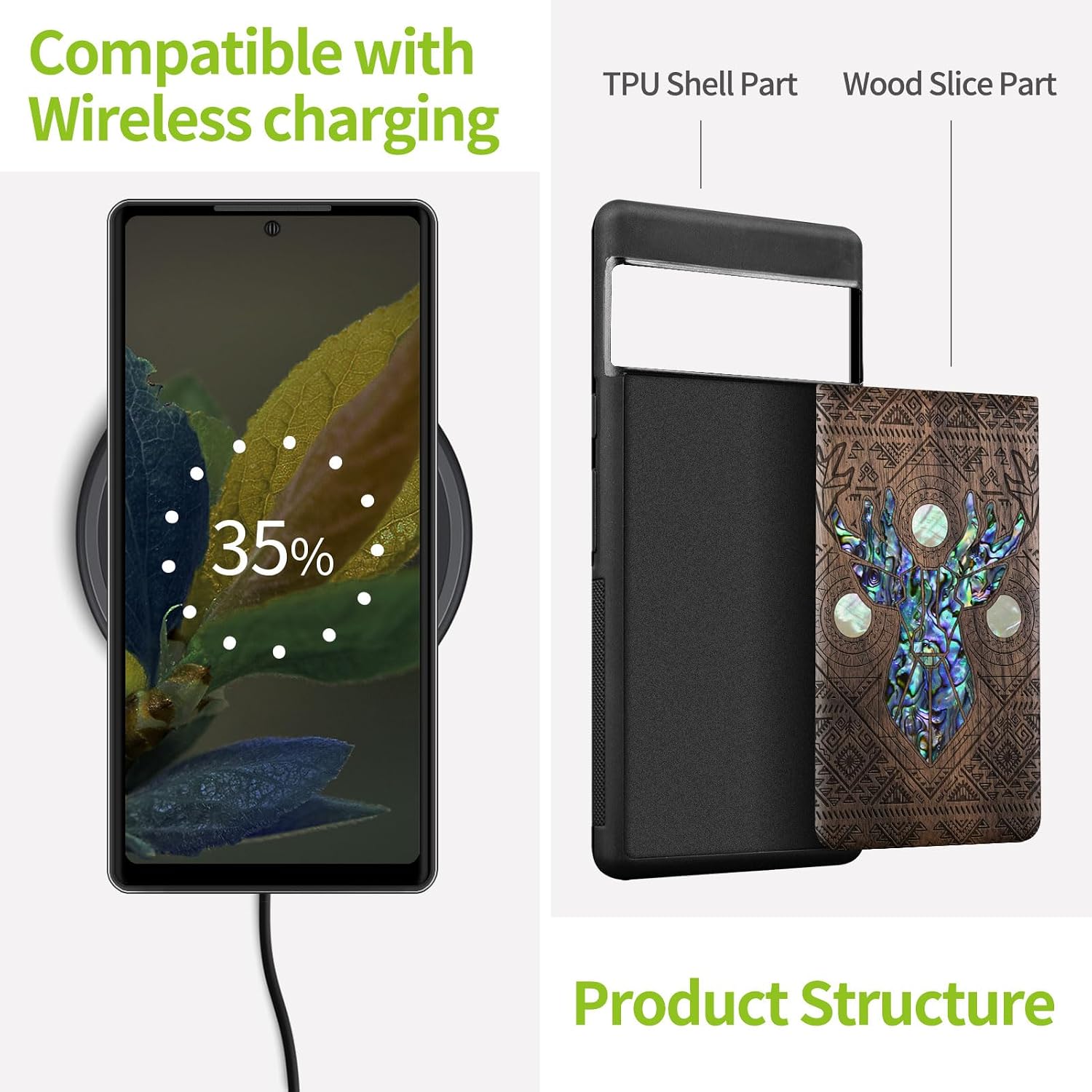 Carveit Designer Wooden Case for Google Pixel 7 Case Protective Cover [Wood Engraving & Shell Inlay] Compatible with Wireless Chargers Pixel 7 (Aztec Geometric Deer-Walnut)