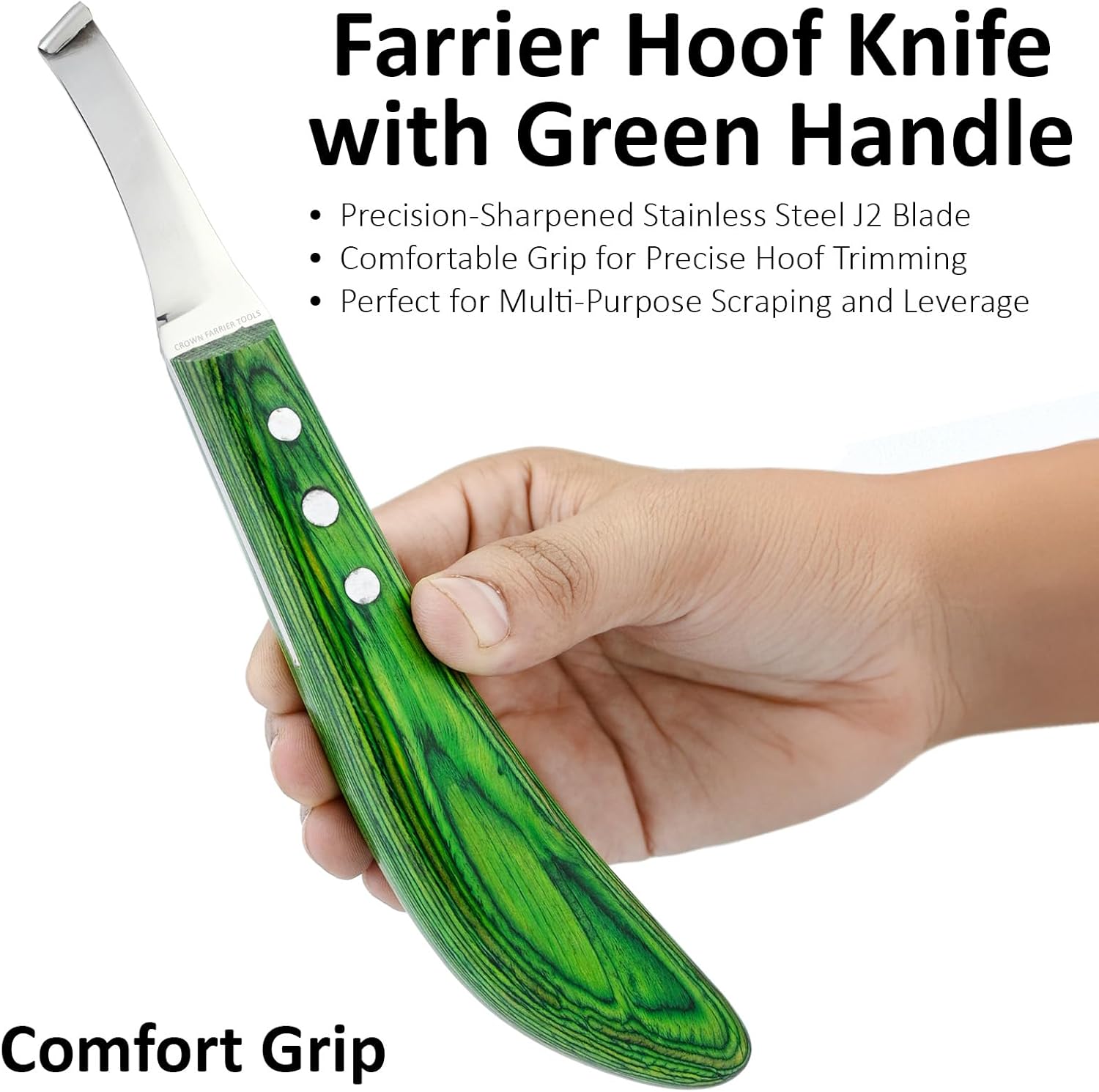 – Super Sharp Hoof Knife | Stainless Steel Blade with Wooden Handle | Professional Farrier Hoof Trimming Tool for Horses & Equine Hoof Care (Green Right-Hand)