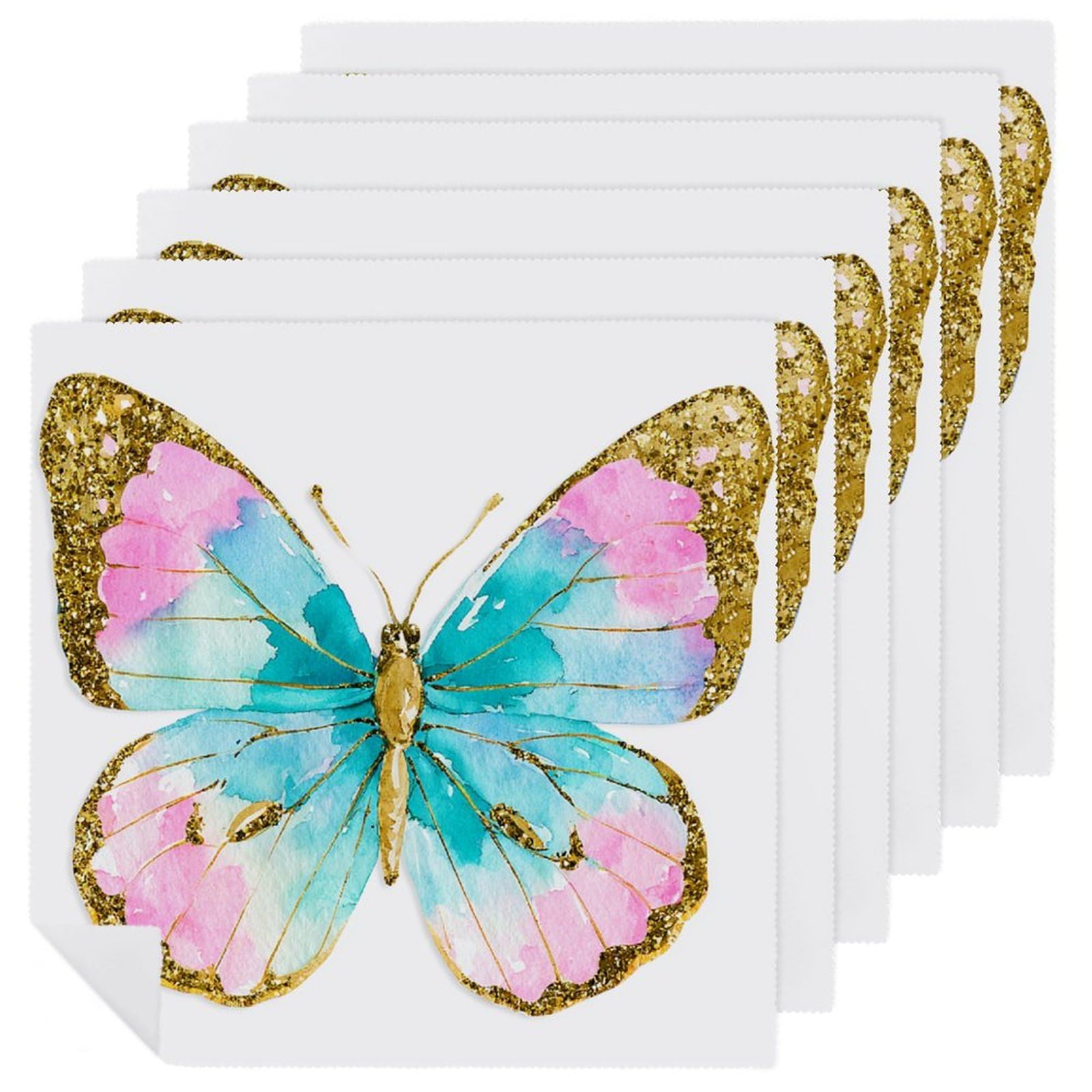 Blue Butterfly with Gold Wing Cloth Napkins Set of 6, Square Premium Reusable Washable Polyester Table Linen Napkin for Dinner Party