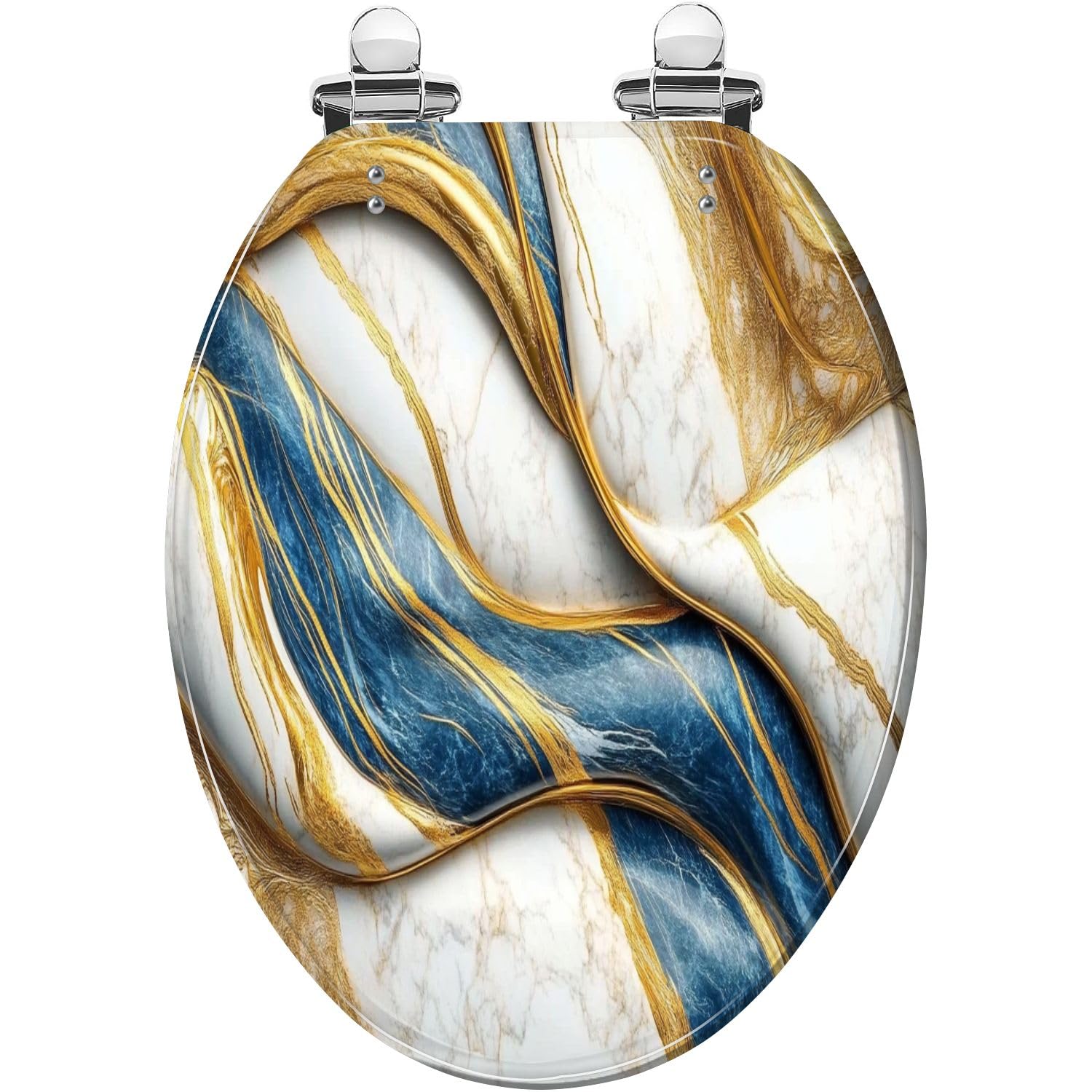 Elongated Toilet seat, Marble Texture Gold Blue White Quiet Quick Release