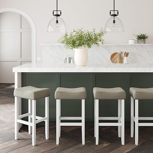 Miniatura 4 de Nathan James Hylie Juego de 2 taburetes de bar de madera con tachuelas de tapicería, para cubierta de cocina, altura de pub, 29 pulgadas, gris