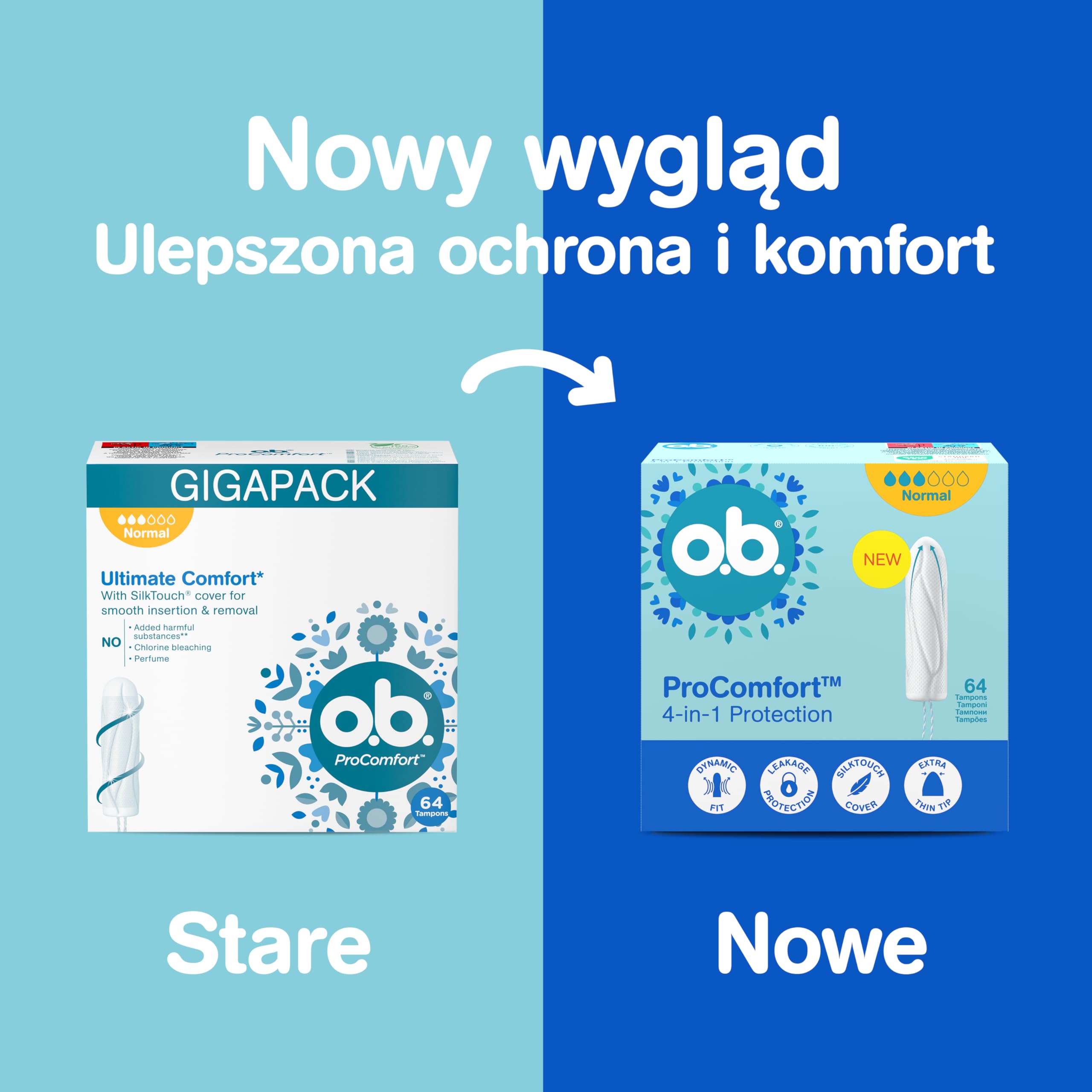 o.b. ProComfort Normal Tampony Zestaw 6x16 szt. NOWOŚĆ, Łatwa aplikacja i usuwanie tamponu, Na średnie lub mocne krwawienie, Wnętrze tamponu wykonane w 100% z materiałów pochodzenia roślinnego