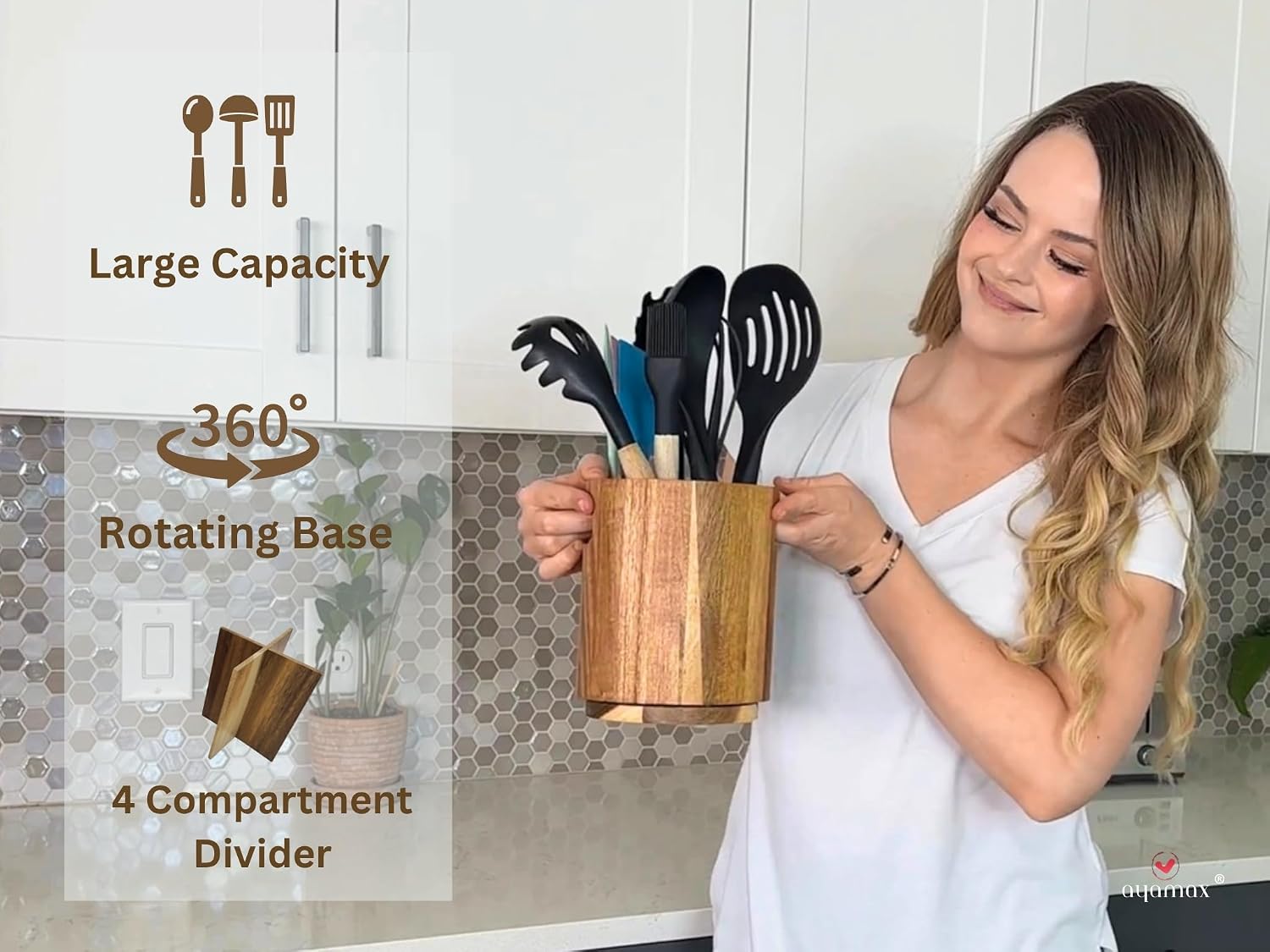 Acacia Wooden Utensil Holder, Large Rotating Kitchen Organizer with Divider