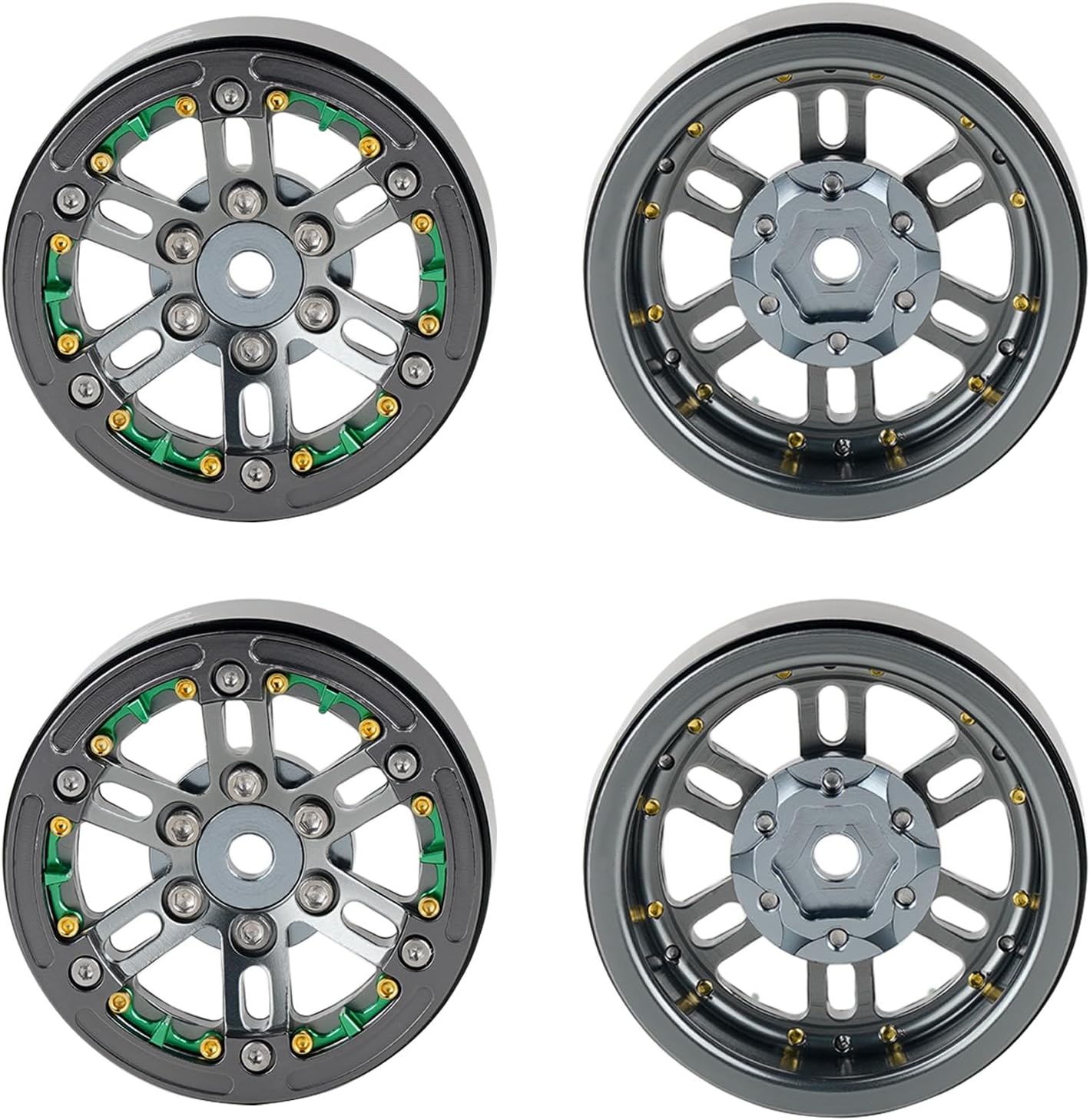4PCS 1.9 Inch Beadlock Wheels Offset +0.5mm CNC Aluminum Alloy RC Wheel Hub Rim Suit for SCX10 I II III Pro TRX4 Redcat Gen7 Gen8 D90 D110 Etc 1:10 RC Crawler Car Upgrade (Titanium+Green)