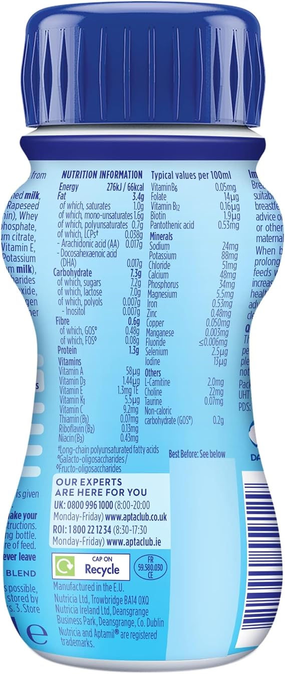 Aptamil 1 First Infant Baby Milk Liquid Formula, Ready to Feed, From Birth, 200 ml, Pack of 12