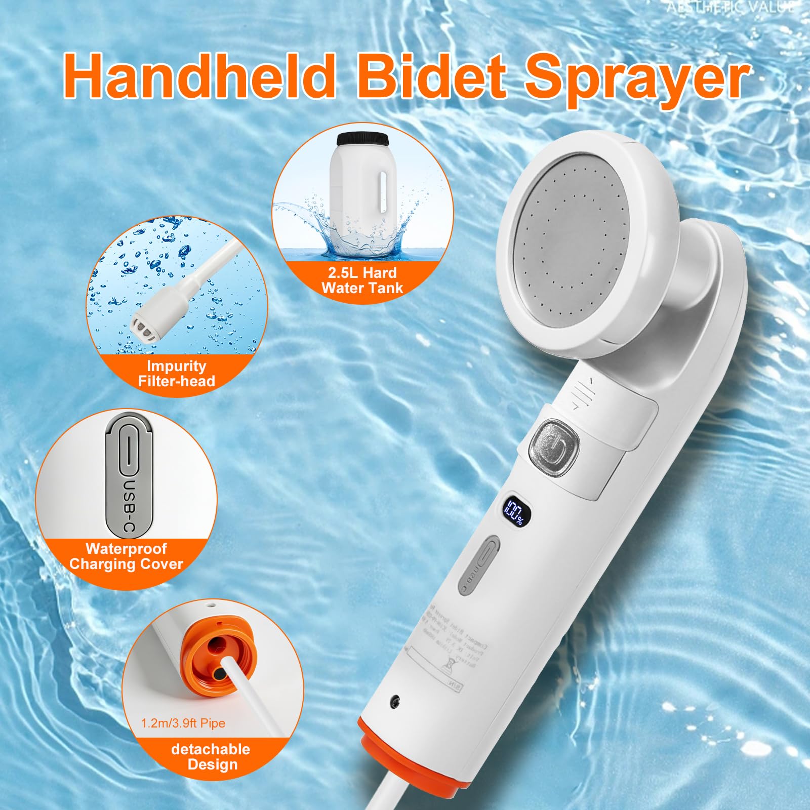 Douche portable de camping - Réservoir d'eau de 2,5 l avec deux buses - Douche de bidet électrique - Jet d'eau réglable USB-C - Rechargeable - Idéal pour les personnes âgées, les femmes enceintes et