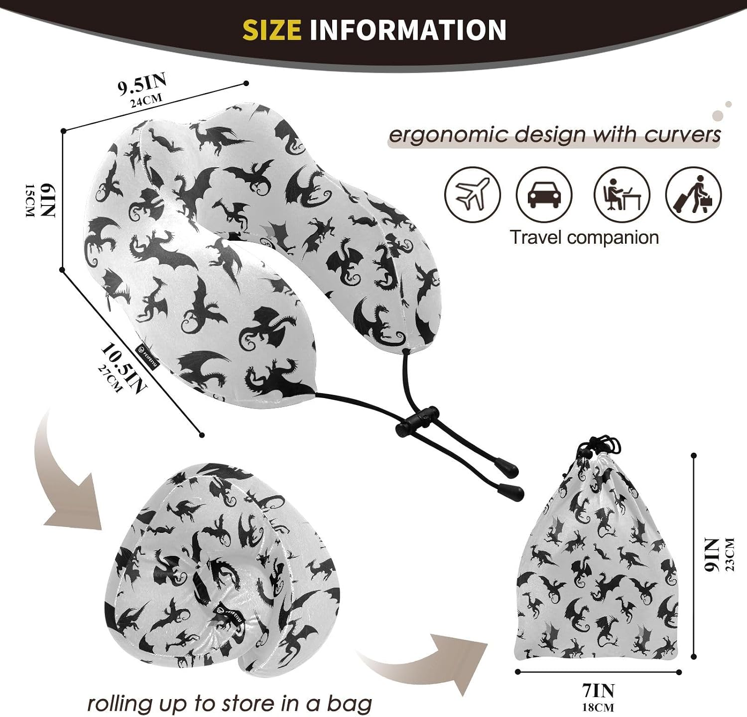 Gredecor Travel Pillow Black Dragons Pure Memory Foam Neck Pillow for Sleeping, Soft Comfortable Cover Neck Pillow with Adjustable Clasp for Airplane/Car/Office image 3