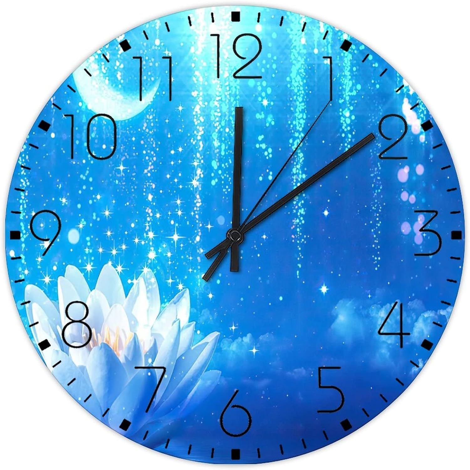 Wood Wall Clock Round Silent Non-Ticking White Lotus' Flower Blue Custom Wall Clocks Floral Meditation Oil Painting Wall Decor for Entryway Kids Room Garden 12 Inch