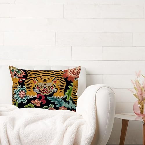 Miniatura 4 de Funda de cojín decorativa de tela de lino con diseño de tigre en tonos de rosa, verde y turquesa sobre un fondo negro, decorativa, moderna, rústica,