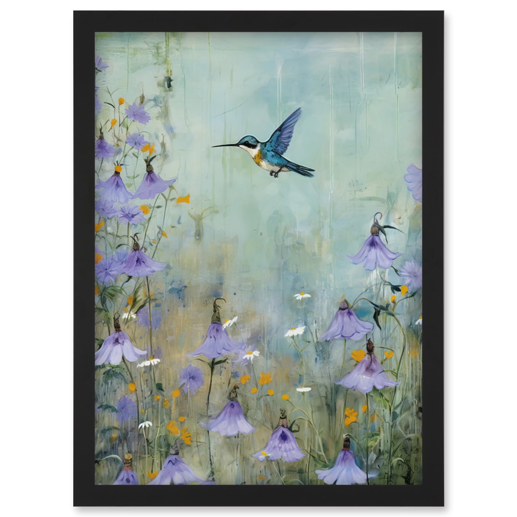 Artery8 Bluebell Hummingbird Pastel Painting Nectar Flowers Field Oil Painting Colour Wall Art PrintA4 Size from B&Q