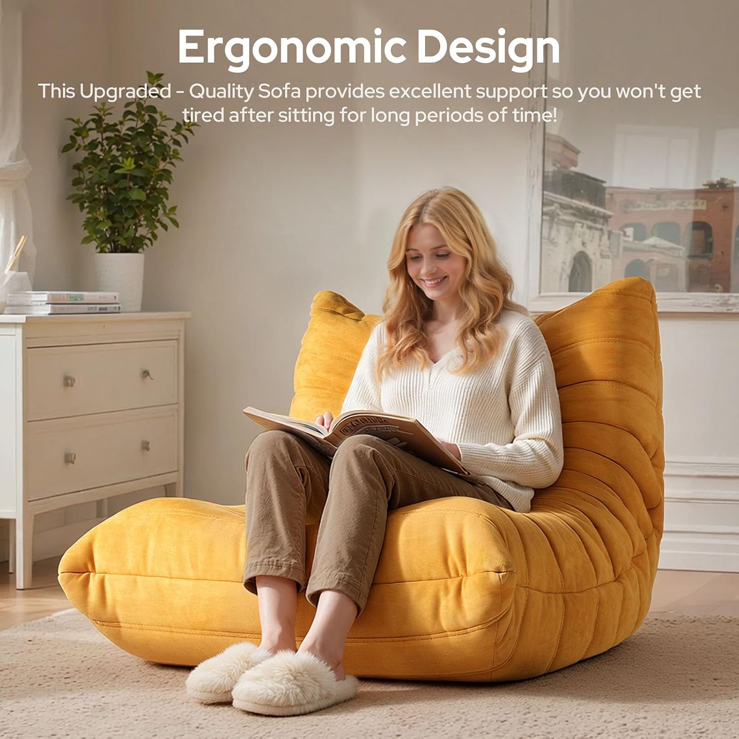 High-end Bean Bag Chair, Fireside Togo Chair with Yellow Suede Fabric Cover, Comfy & Soft Lazy Floor Lounge Sofa Counch for Bedroom, Living Room, Office or Lounger