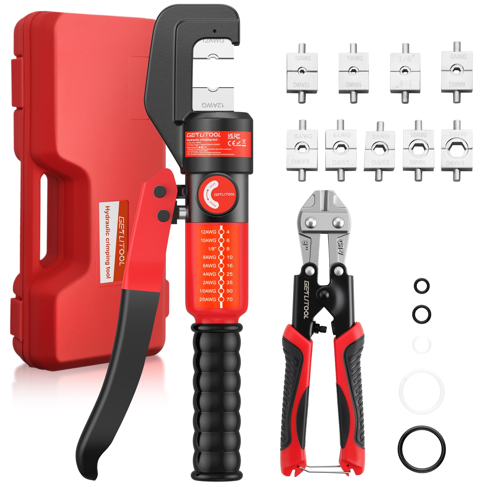 GETLITOOL 8-Ton Hydraulic Crimping Tool Kit with 9 Dies & Wire Cutter