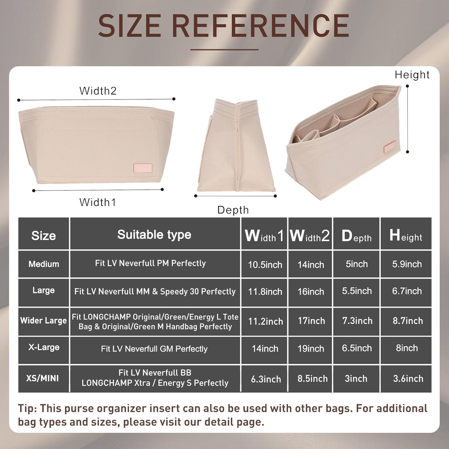 Doxo Purse Organizer Insert for Handbags & Base Shaper 2pc Set, Felt Organizer Insert Large Tote, Bag Organizer with Zipper 5 Sizes, Fit Speedy 30 Neverfull MM and More(Beige-L-Combination) - Image 2