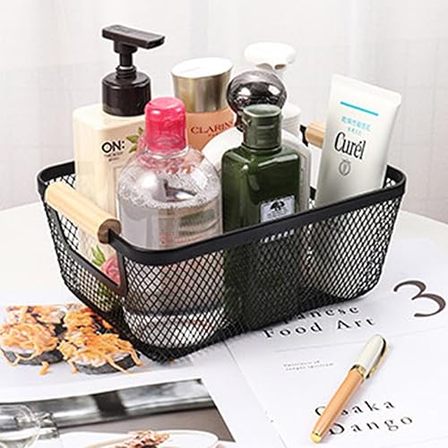 Miniatura 7 de Paquete de 2 cestas rectangulares de acero de malla metálica negra moderna con mango de madera, cesta de frutas de cocina, organizador de