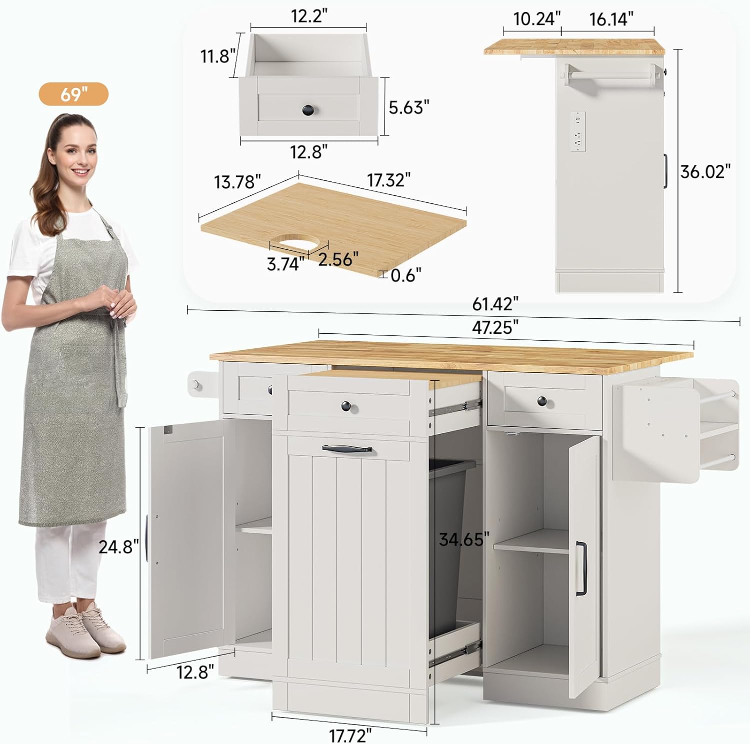 ONBRILL 61" Kitchen Islands with Movable Wood Cutting Board & Trash Storage Cabinets, Rolling Island Cart with Drop Leaf & Power Outlet, Dining Table with Spice & Towel Rack & Knife Holder, White