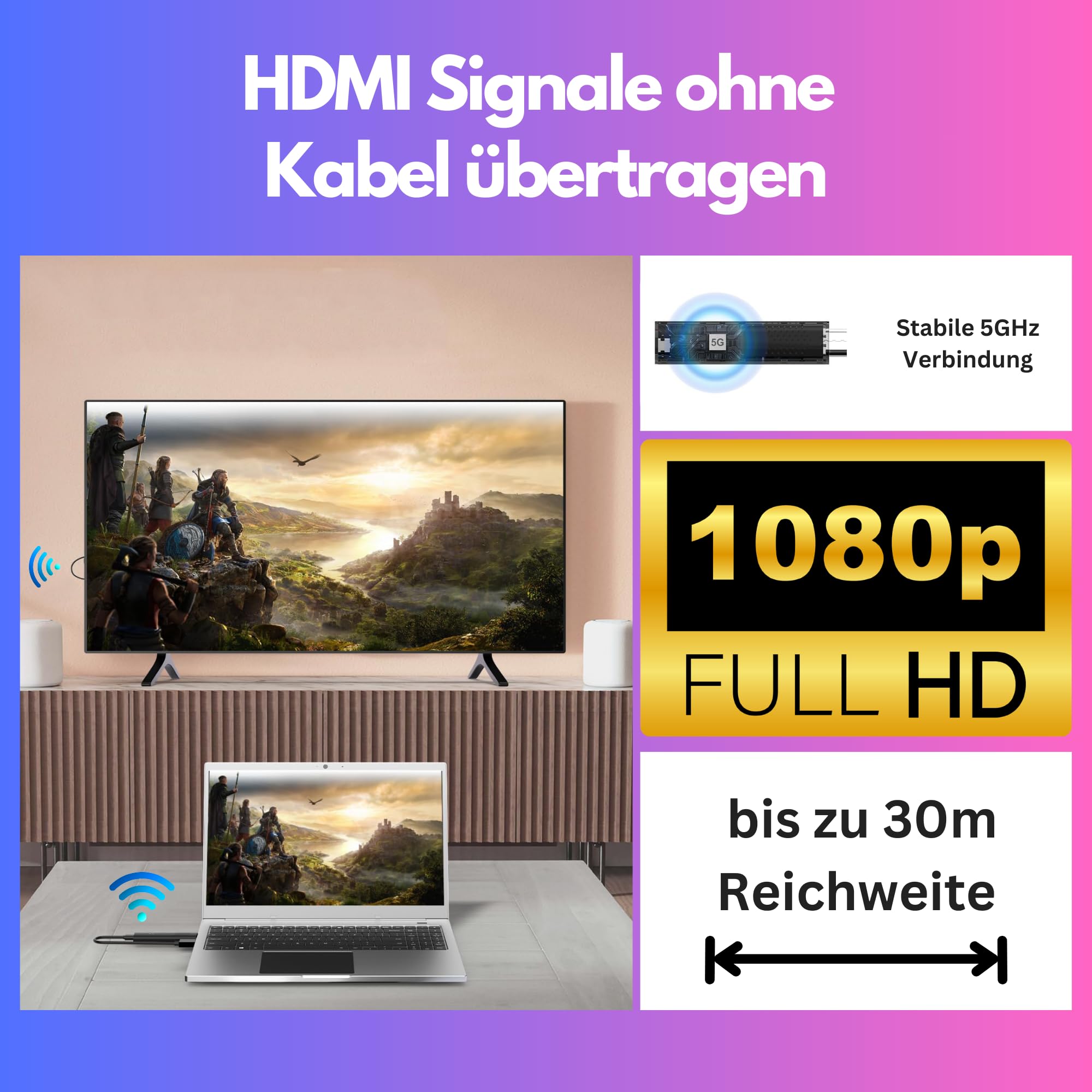 Orbsmart Nano HDMI Extender Set Kabellos - 1080p Full HD Funkübertragung, Plug & Play, 30m Reichweite, für PC, Laptop, TV & Beamer