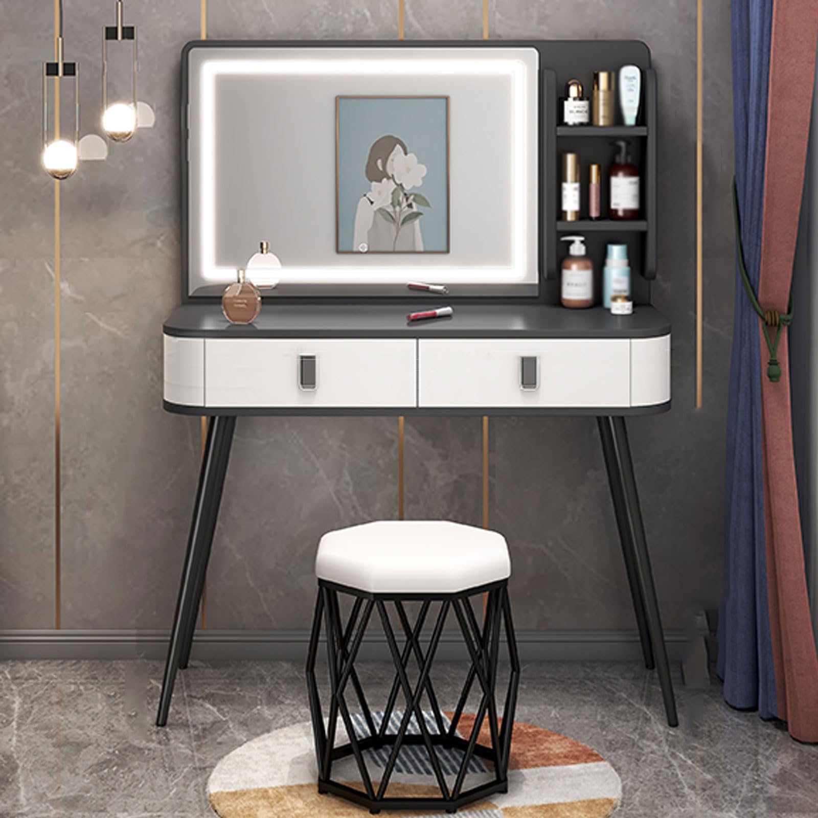 Toeletta Trucco Piccola con Sgabello, con Specchio Per Il Trucco Intelligente, Cassetti e Sgabelli di Grande Capacità, Eleganti e Semplici, Facili da Installare, Disponibili In Più Dimensioni ( Color
