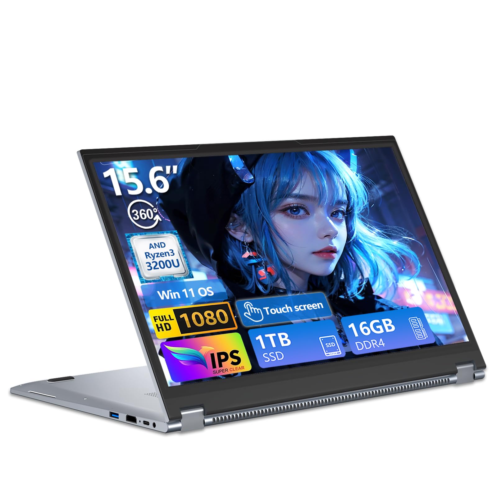 15,6 Pollici PC Portatile 2-in-1 Touchscreen, Notebook Win 11 con Ryzen 3 3200U Processore, Laptop 16GB RAM 1TB SSD, Computer Portatile 360° Rotation Touchscreen 1080P FHD USB3.0 Mini-HDMI RJ45